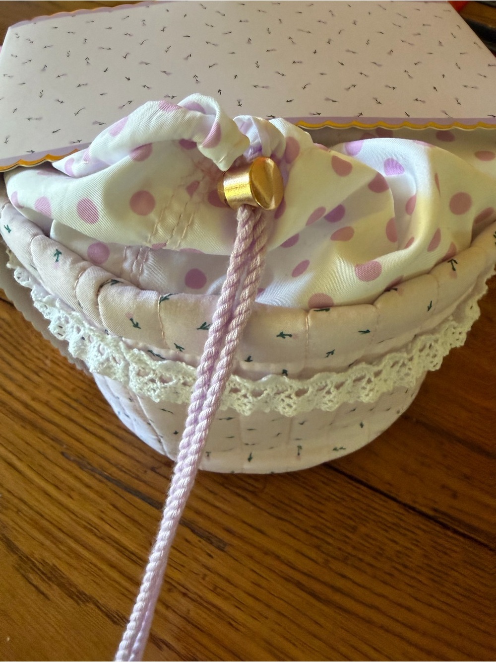 Vintage Pink Polka Dot Drawstring Cosmetic Pouch with Gold Accent